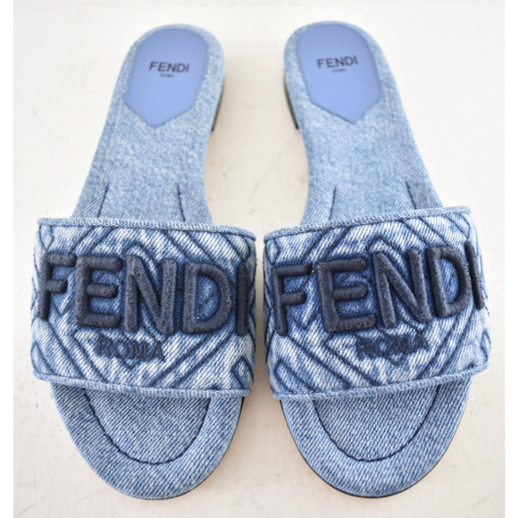 Fendi Blue Denim Signature FF Monogram Logo Mule Slide Flat Flip Flop Sandal 36 - Picture 7 of 15